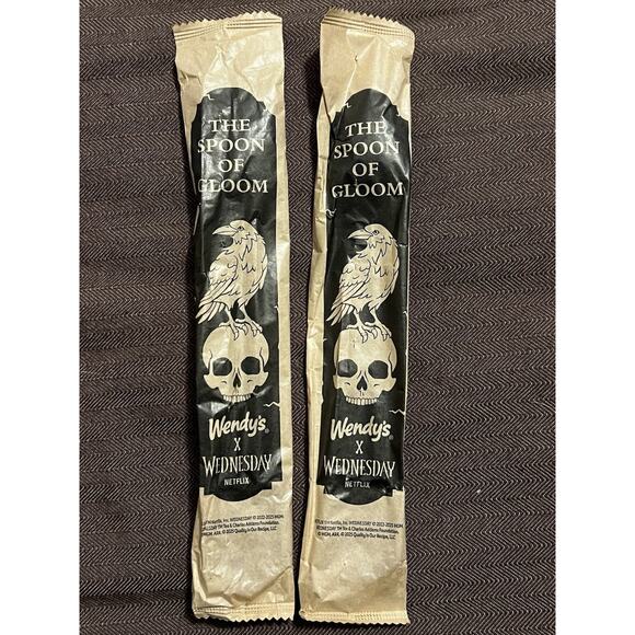 Lot 2 Wendy's Spoon Of Gloom Wednesday Addams Netflix Meal Misfortune Sealed - Picture 1 of 2
